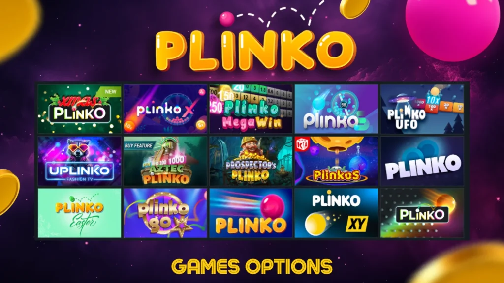 Imagem ilustrando provedores de jogos Plinko e suas variantes populares, com diferentes configurações de risco, gráficos coloridos e opções de personalização para jogadores.